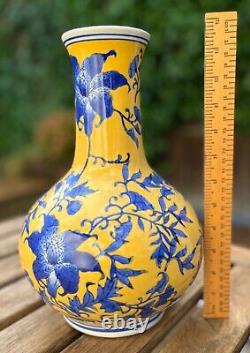 Large Chinese Blue & Yellow Porcelain Vase Handpainted Vine Floral Marked 12