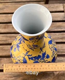 Large Chinese Blue & Yellow Porcelain Vase Handpainted Vine Floral Marked 12