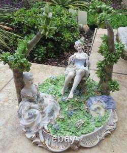 Large Fine Early Luigi Fabris Porcelain Two Woman On Swing