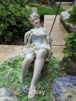 Large Fine Early Luigi Fabris Porcelain Two Woman On Swing