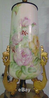 Large French Limoges Hand Painted Porcelain Pink Yellow Rose Vase Lamp