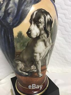 Large French Porcelain Hand Painted Hunting Dog Lamp