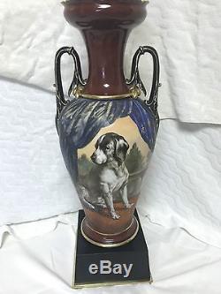 Large French Porcelain Hand Painted Hunting Dog Lamp