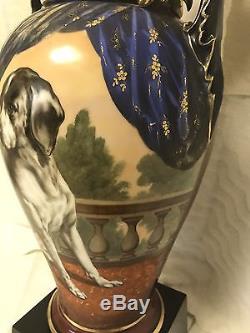 Large French Porcelain Hand Painted Hunting Dog Lamp