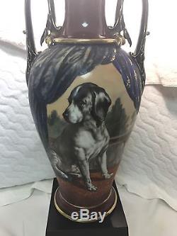 Large French Porcelain Hand Painted Hunting Dog Lamp