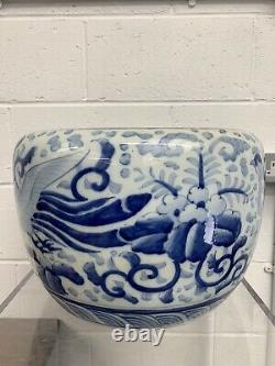 Large Hand Painted Blue & White Chinese Fish Bowl Jardiniere 20th Century