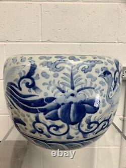 Large Hand Painted Blue & White Chinese Fish Bowl Jardiniere 20th Century