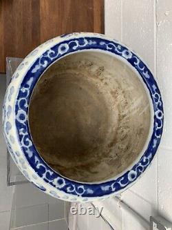Large Hand Painted Blue & White Chinese Fish Bowl Jardiniere 20th Century