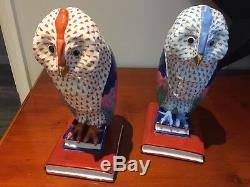 Large Herend Fishnet Hungary Porcelain Hand painted Wise Owl Book ends 30cm