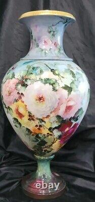 Large Limoges France Porcelain Hand Painted Roses Vase 21 Antique As Is