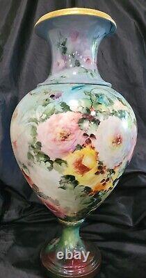 Large Limoges France Porcelain Hand Painted Roses Vase 21 Antique As Is