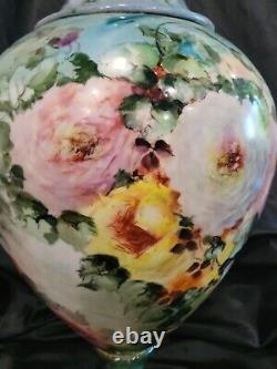 Large Limoges France Porcelain Hand Painted Roses Vase 21 Antique As Is