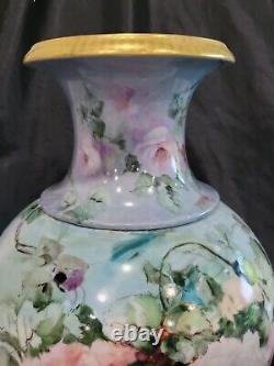 Large Limoges France Porcelain Hand Painted Roses Vase 21 Antique As Is