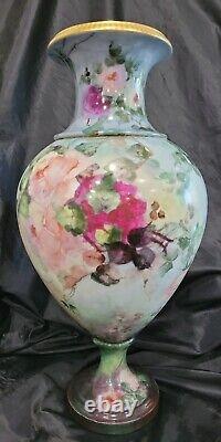 Large Limoges France Porcelain Hand Painted Roses Vase 21 Antique As Is