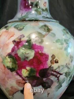 Large Limoges France Porcelain Hand Painted Roses Vase 21 Antique As Is