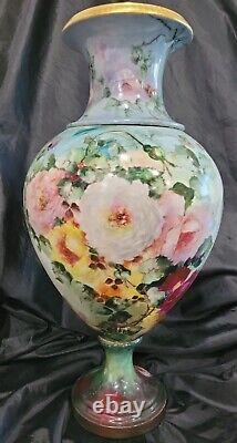 Large Limoges France Porcelain Hand Painted Roses Vase 21 Antique As Is