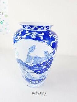 Large Oriental Style Blue & White Vase Hand Painted Porcelain Ceramic