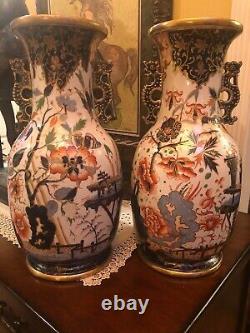 Large Pair 19th Century Imari Porcelain Floor Vases Hand painted with Gold Trim