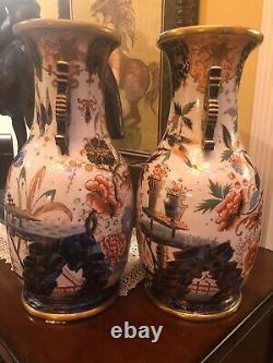 Large Pair 19th Century Imari Porcelain Floor Vases Hand painted with Gold Trim