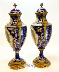 Large Pair Sevres Hand Painted Porcelain Decorative Double Handled Urns, c1900