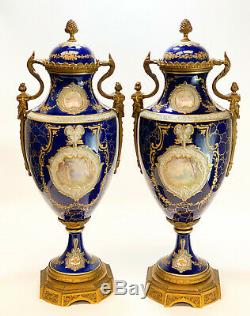 Large Pair Sevres Hand Painted Porcelain Decorative Double Handled Urns, c1900