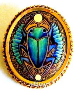 Large Vintage Egyptian Revival Hand Painted Porcelain Scarab Brooch