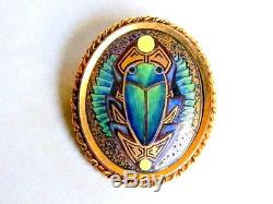 Large Vintage Egyptian Revival Hand Painted Porcelain Scarab Brooch