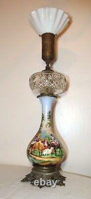 Large antique hand painted porcelain bronze crystal electrified oil table lamp