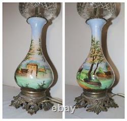 Large antique hand painted porcelain bronze crystal electrified oil table lamp