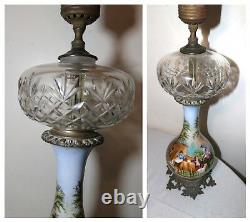 Large antique hand painted porcelain bronze crystal electrified oil table lamp