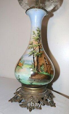 Large antique hand painted porcelain bronze crystal electrified oil table lamp