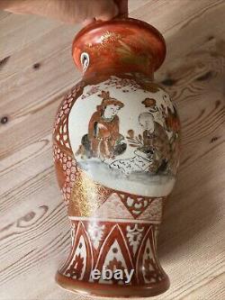 Large x2 Japanese Meiji Kutani Red & Gilt Hand Painted Porcelain Vase Signed