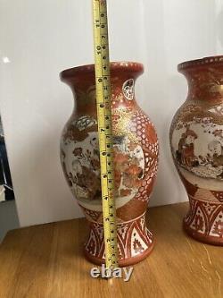 Large x2 Japanese Meiji Kutani Red & Gilt Hand Painted Porcelain Vase Signed