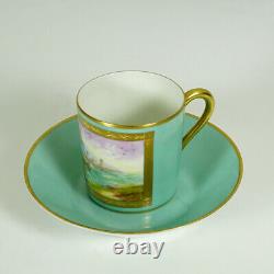 Le Tallec French Porcelain Cup & Saucer Mint & Gold Hand Painted Coastal Scene