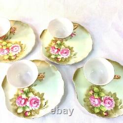 Lefton China Green Heritage Rose Set 4 Snack Plates Cups 2 Sets Available #3071