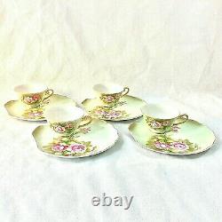 Lefton China Green Heritage Rose Set 4 Snack Plates Cups 2 Sets Available #3071