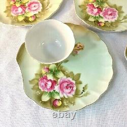 Lefton China Green Heritage Rose Set 4 Snack Plates Cups 2 Sets Available #3071