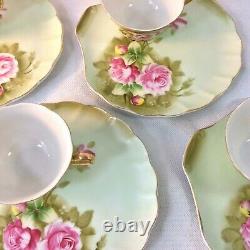 Lefton China Green Heritage Rose Set 4 Snack Plates Cups 2 Sets Available #3071