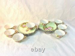 Lefton China Green Heritage Rose Set 4 Snack Plates Cups 2 Sets Available #3071