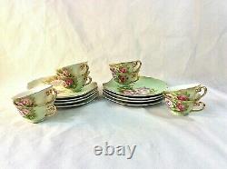 Lefton China Green Heritage Rose Set 4 Snack Plates Cups 2 Sets Available #3071