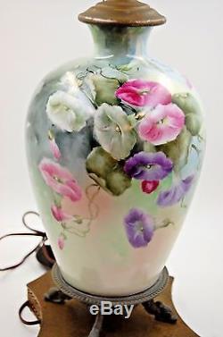 Limoges Antique France Hand Painted Porcelain Lamp Gorgeous Flowers