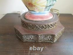 Limoges France Handpainted Porcelain Tall Vase As Lamp Pink Roses Gold