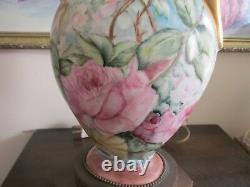 Limoges France Handpainted Porcelain Tall Vase As Lamp Pink Roses Gold