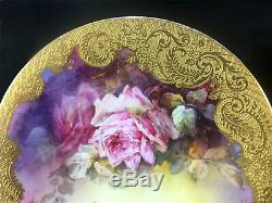 Limoges France porcelain hand-painted roses charger, raised gold gilt, 1892- 1907