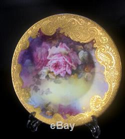 Limoges France porcelain hand-painted roses charger, raised gold gilt, 1892- 1907