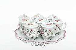 Limoges Porcelain Hand Painted Butterflies Pots de Creme Set - 8 Cups and Tray