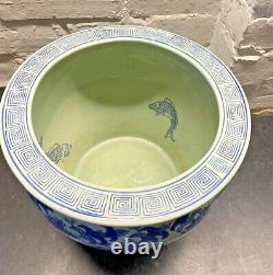 Longqing QIANLONG Vintage Chinese Fish Bowl Blue / White Large Planter Pot