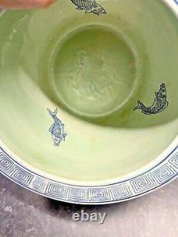 Longqing QIANLONG Vintage Chinese Fish Bowl Blue / White Large Planter Pot