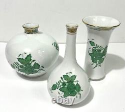 Lot Of 3 HEREND Chinese Bouquet Green BUD VASES HAND PAINTED PORCELAIN Hungary