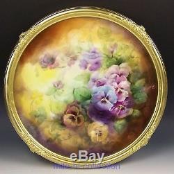Lovely Limoges Hand Painted Pansies 15.5 Framed Plaque Charger Artist Signed